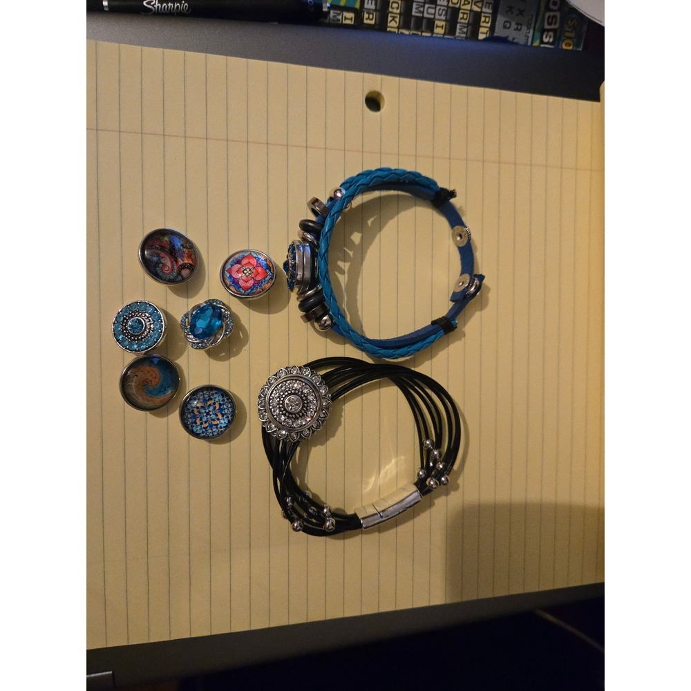 Interchangeable Snap Jewelry Set 2 Bracelets 6 Charms Blue Black Boho